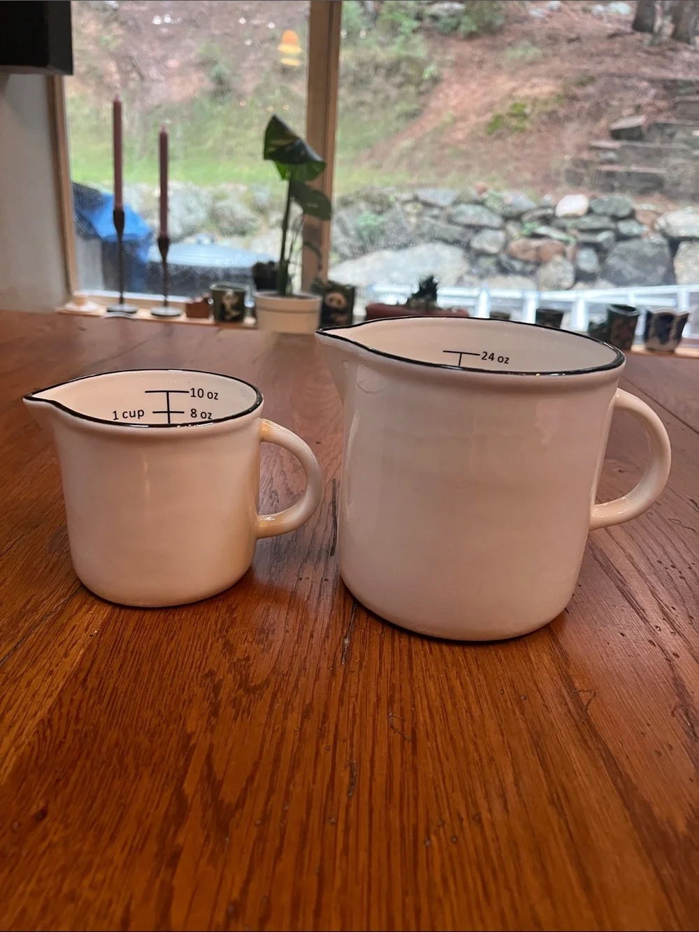 Magnolia White Ceramic Measuring Pitchers with Black Trim